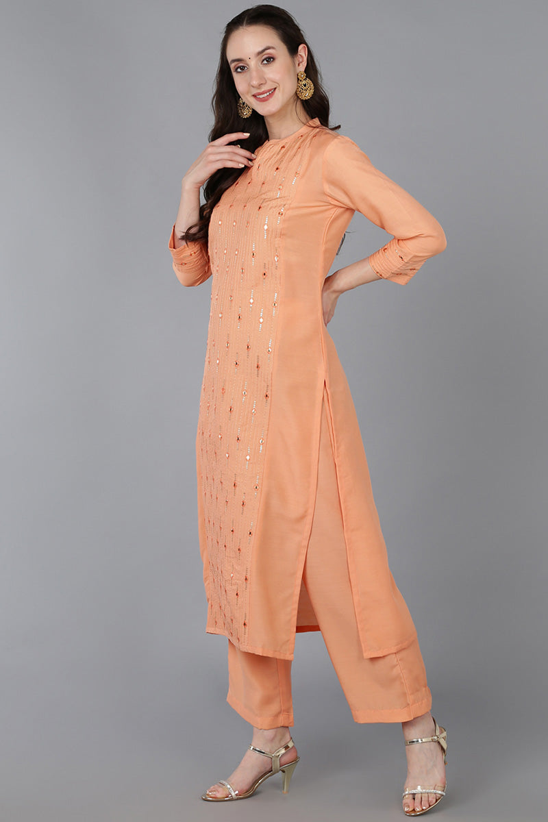 Peach Silk Blend Solid Straight Suit Set | SHOBITAM