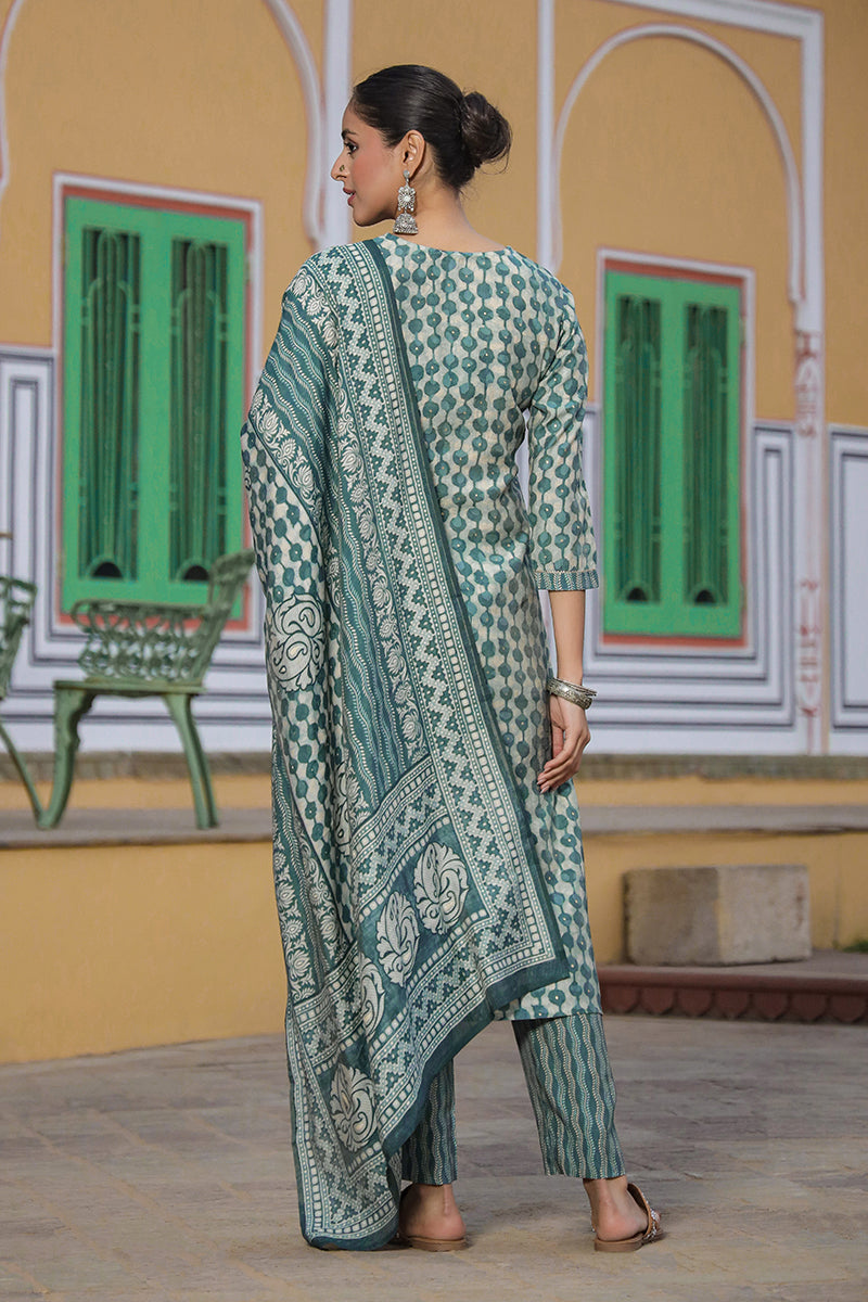 Green Silk Blend Abstract Straight Kurta Trousers With Dupatta  | SHOBITAM