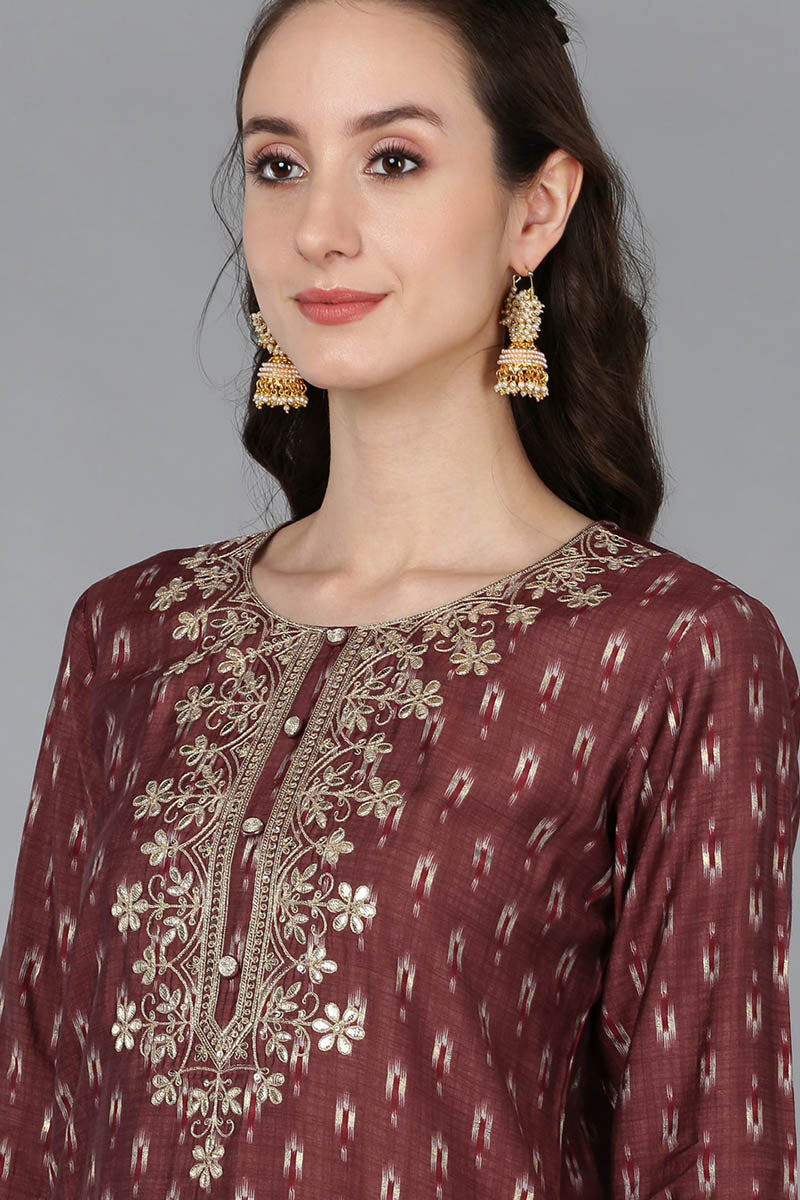 Maroon Silk Blend Geometric Straight Kurta Trousers With Dupatta  | SHOBITAM