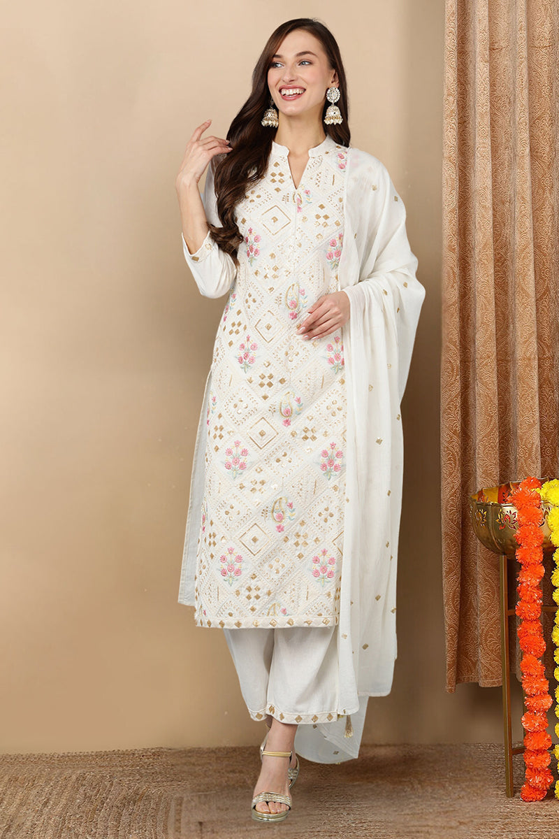 White Pure Cotton Ethnic Motifs Straight Kurta Trousers With Dupatta | SHOBITAM