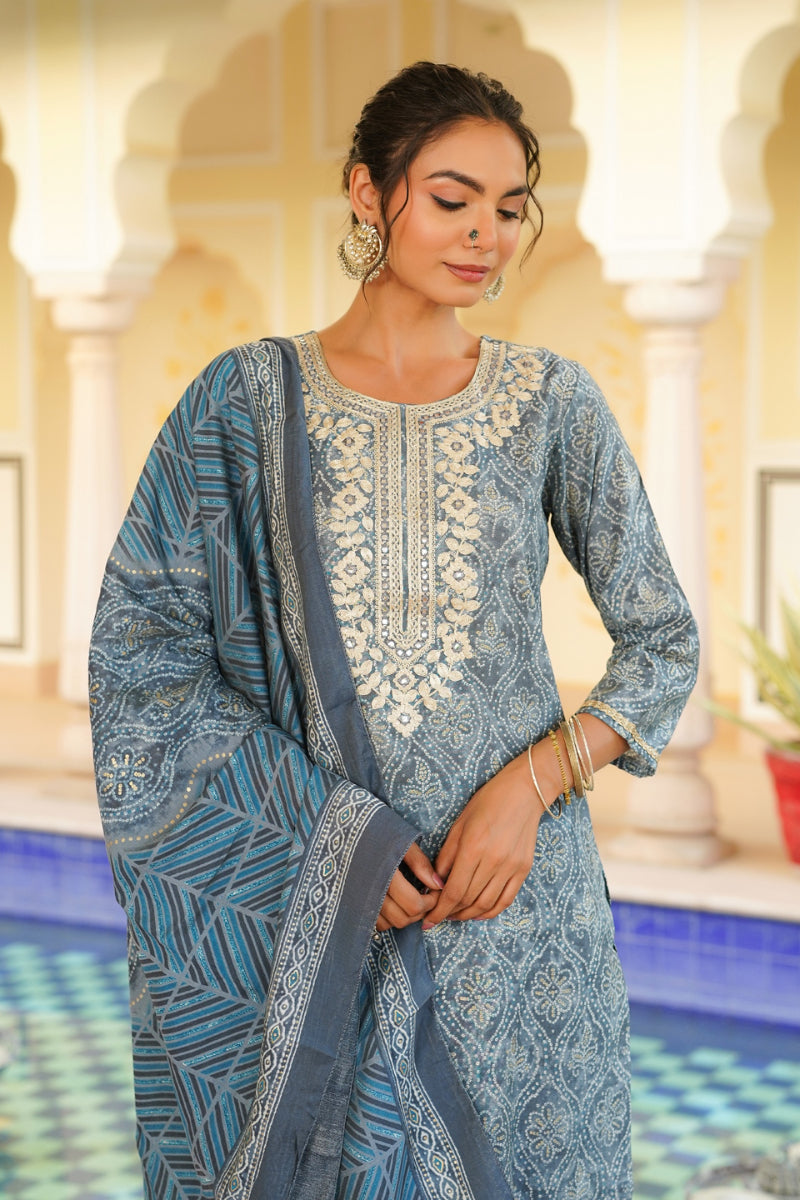 Grey Silk Blend Straight Kurta Pant With Dupatta | SHOBITAM