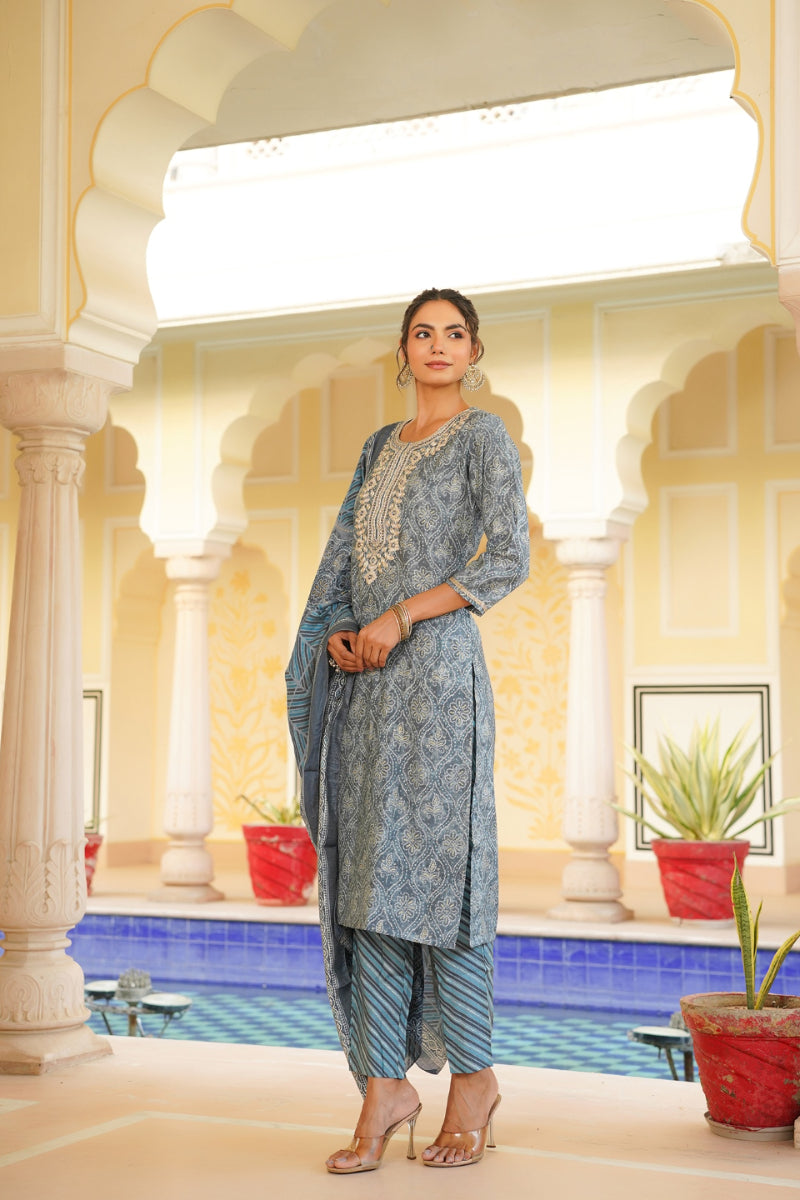 Grey Silk Blend Straight Kurta Pant With Dupatta | SHOBITAM