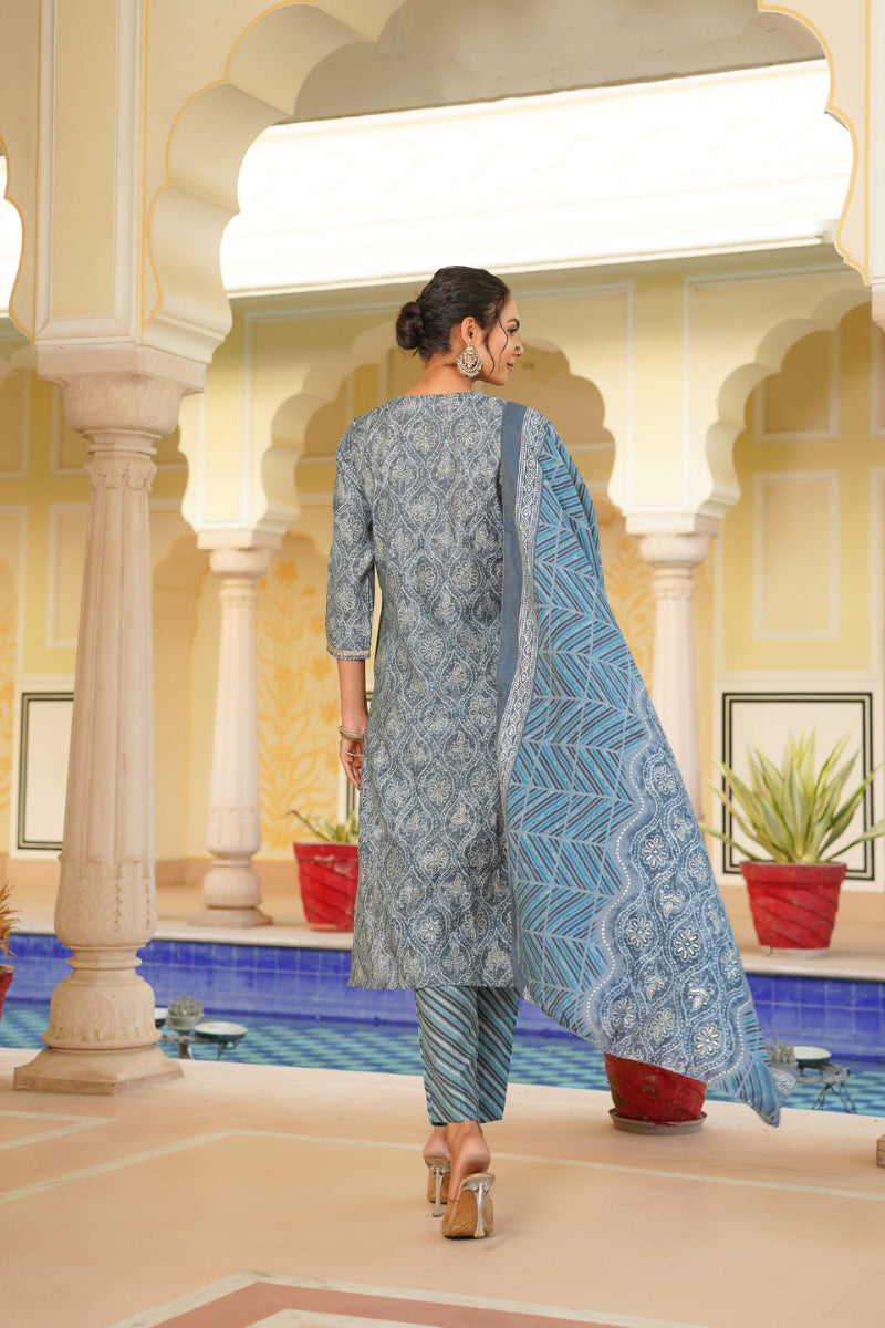 Grey Silk Blend Straight Kurta Pant With Dupatta | SHOBITAM