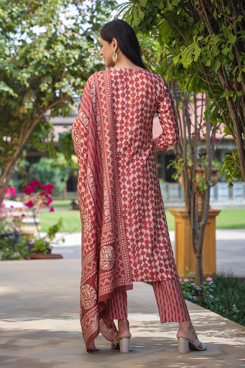 Red Silk Blend Embroidered Geometric Printed Kurta Pant With Dupatta  | SHOBITAM
