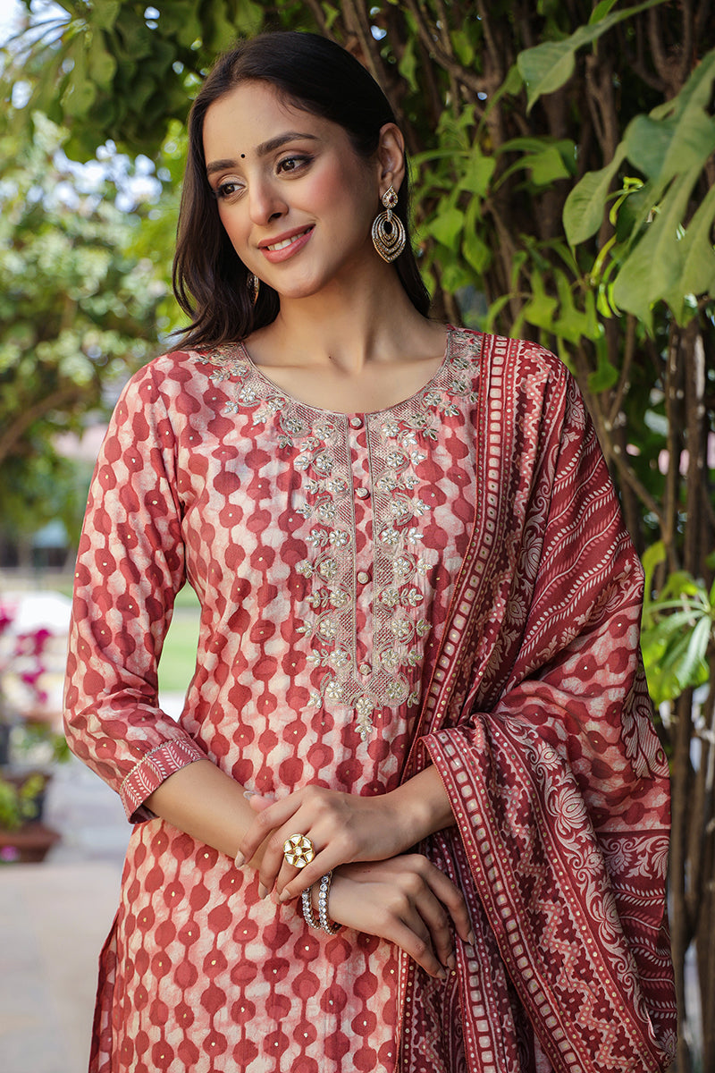 Red Silk Blend Embroidered Geometric Printed Kurta Pant With Dupatta  | SHOBITAM