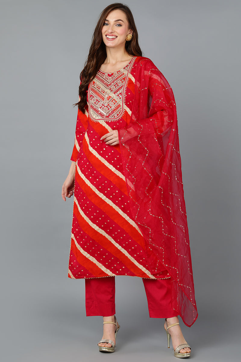 Pink Viscose Rayon Embroidered Leheriya Printed Kurta Pant With Dupatta  | SHOBITAM