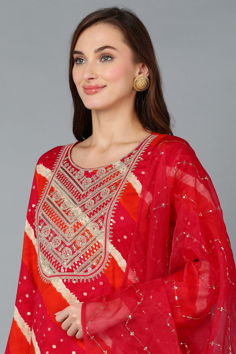 Pink Viscose Rayon Embroidered Leheriya Printed Kurta Pant With Dupatta  | SHOBITAM