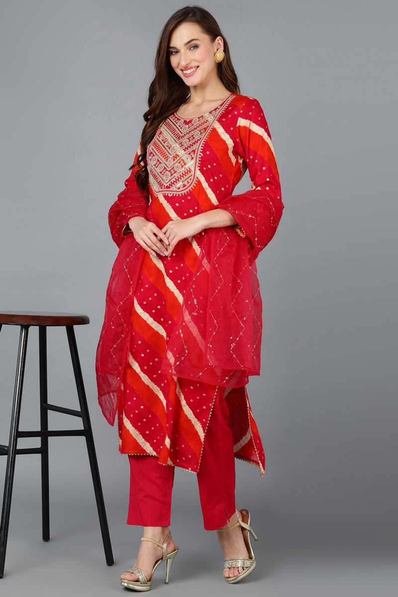 Pink Viscose Rayon Embroidered Leheriya Printed Kurta Pant With Dupatta  | SHOBITAM