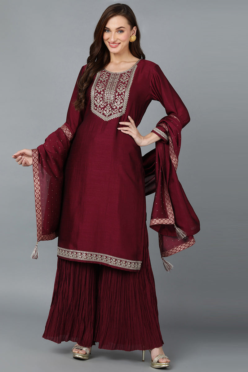 Maroon Silk Blend Yoke Design Kurti Sharara With Dupatta  | SHOBITAM