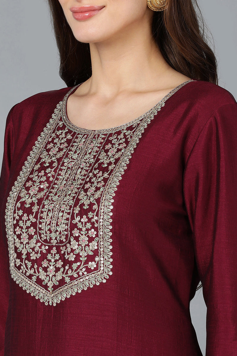 Maroon Silk Blend Yoke Design Kurti Sharara With Dupatta  | SHOBITAM