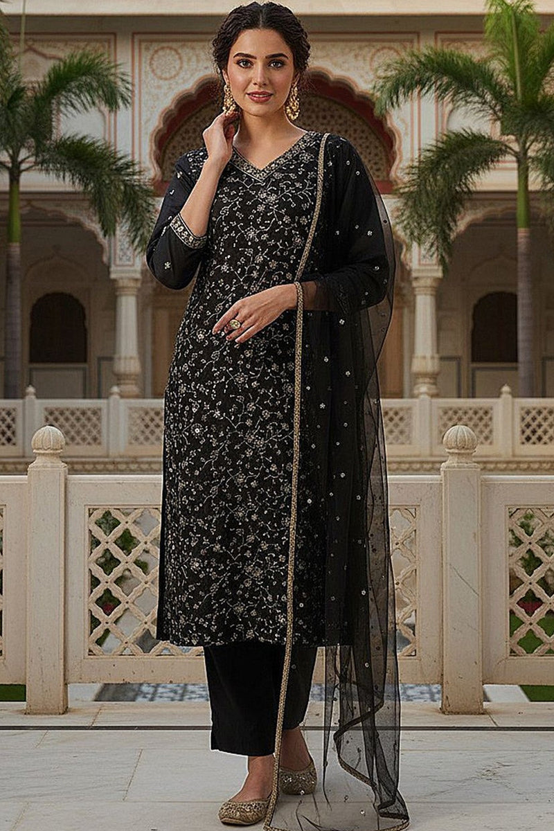 Black Silk Blend Embroidered Kurta Pant With Dupatta  | SHOBITAM