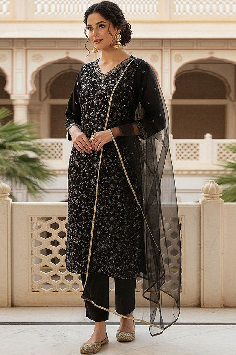 Black Silk Blend Embroidered Kurta Pant With Dupatta  | SHOBITAM