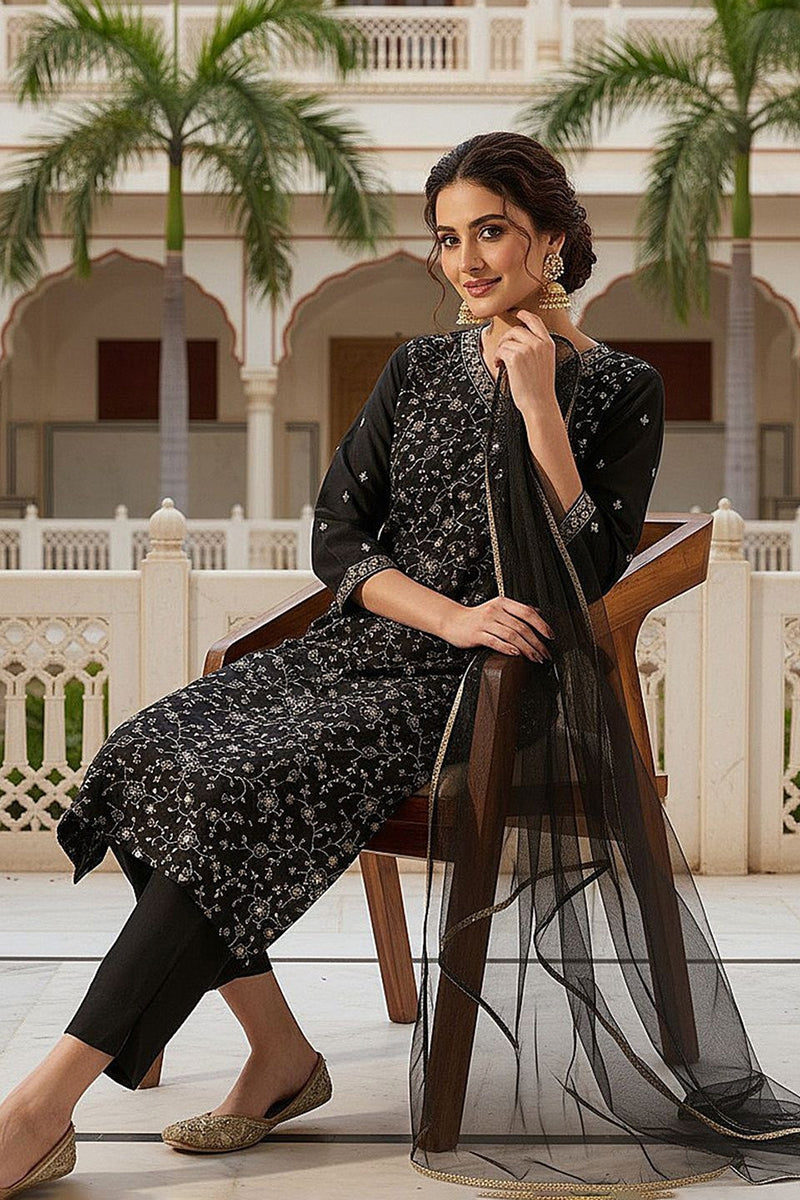 Black Silk Blend Embroidered Kurta Pant With Dupatta  | SHOBITAM