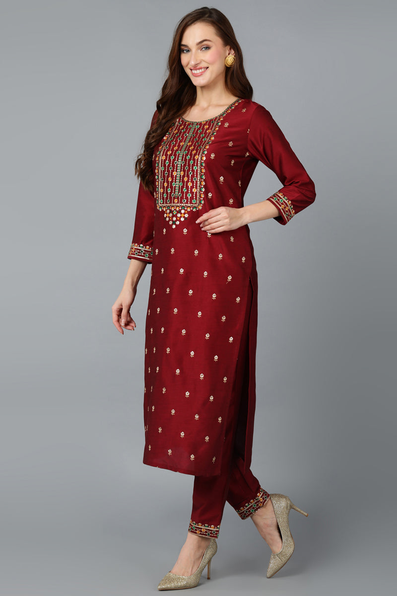 Maroon Silk Blend Embroidered Kurta Pant With Dupatta | SHOBITAM