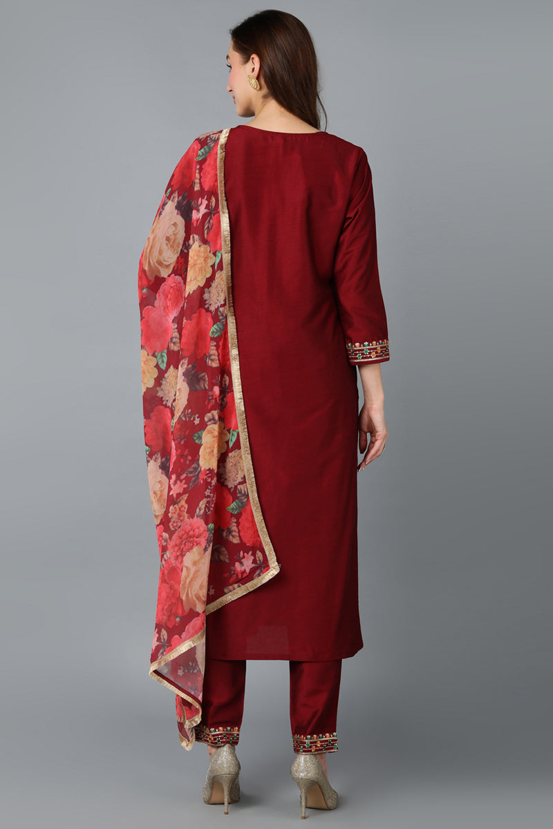 Maroon Silk Blend Embroidered Kurta Pant With Dupatta | SHOBITAM