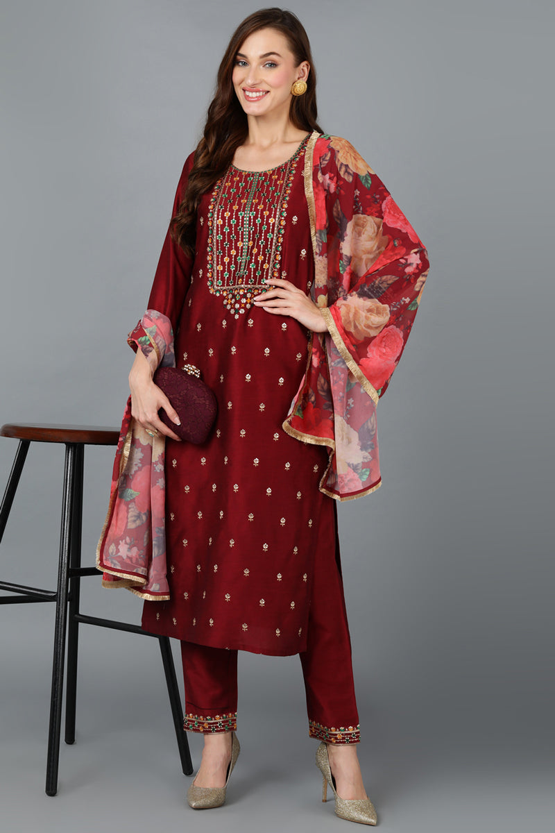 Maroon Silk Blend Embroidered Kurta Pant With Dupatta | SHOBITAM