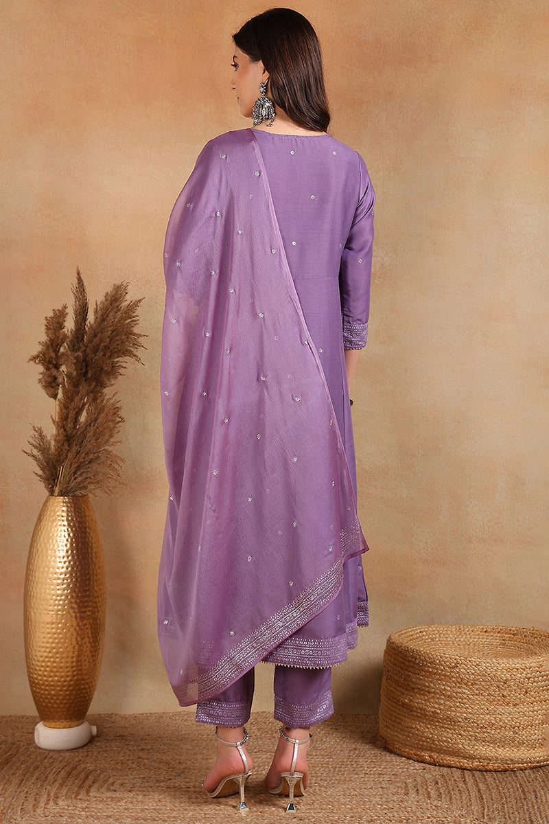 Lavender Silk Blend Anarkali Woven Design Kurta Pant With Dupatta  | SHOBITAM