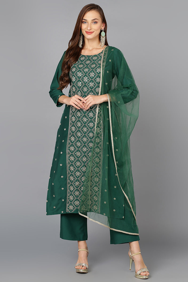 Dark Green Silk Blend Embroidered Party wear Suit Set  | SHOBITAM