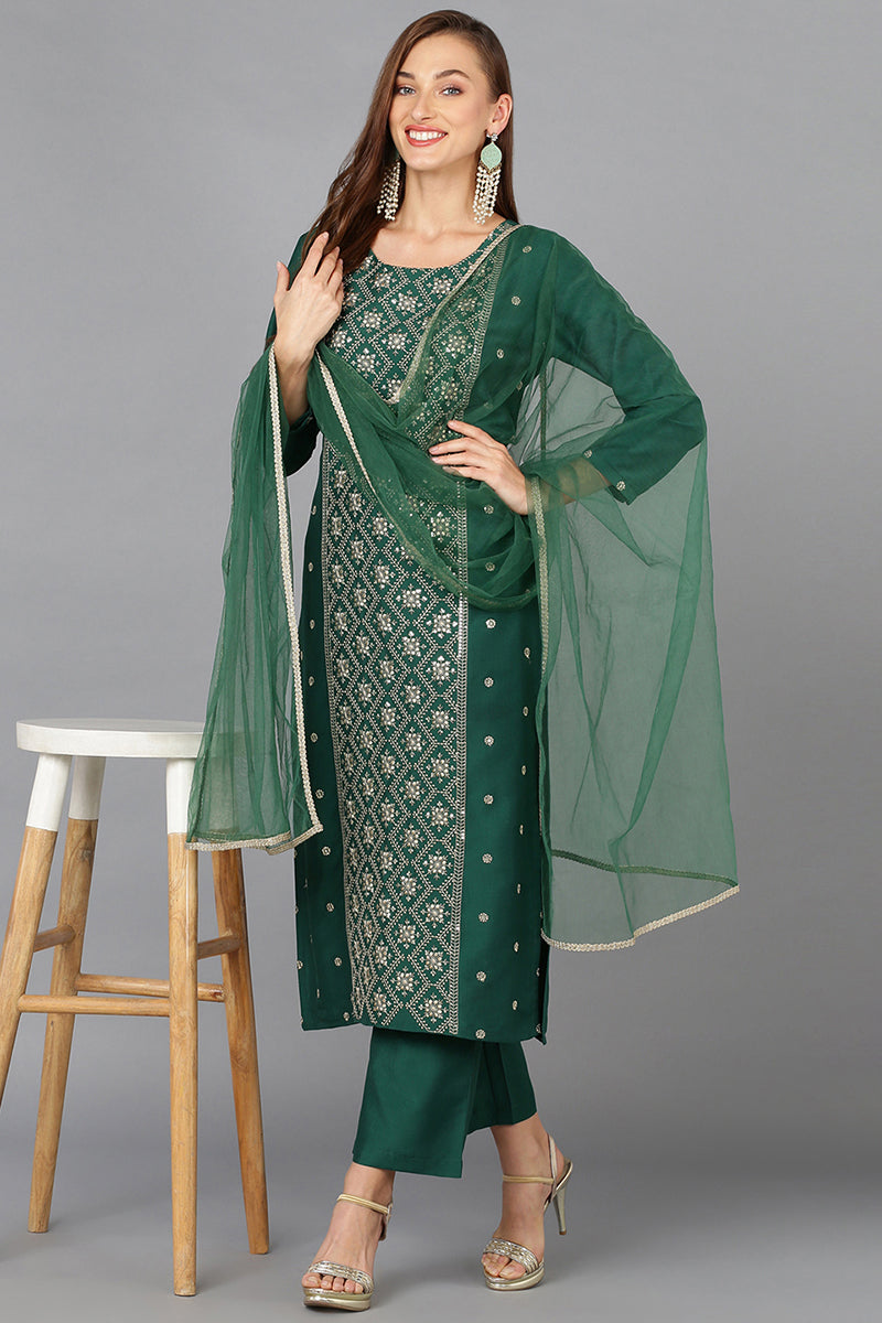 Dark Green Silk Blend Embroidered Party wear Suit Set  | SHOBITAM