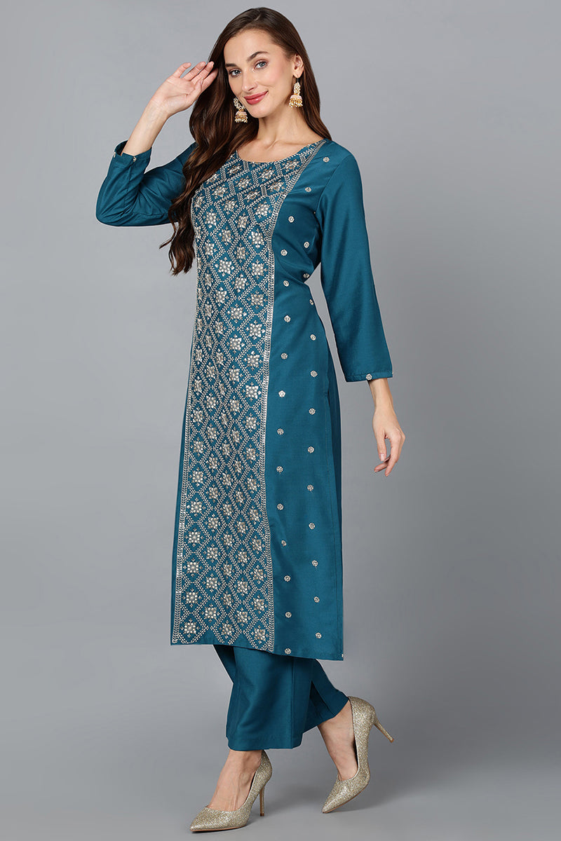 Silk Blend Teal Blue Festive wear Suit Set  | SHOBITAM