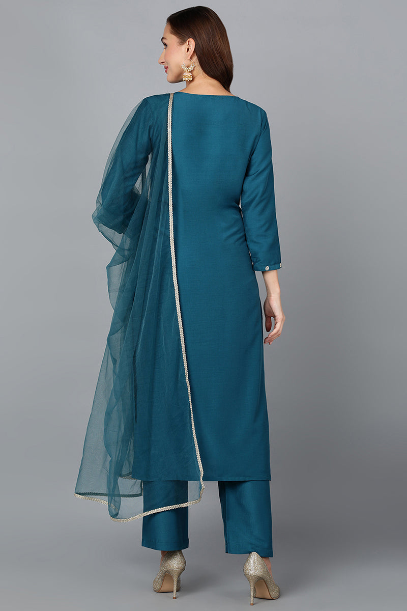 Silk Blend Teal Blue Festive wear Suit Set  | SHOBITAM
