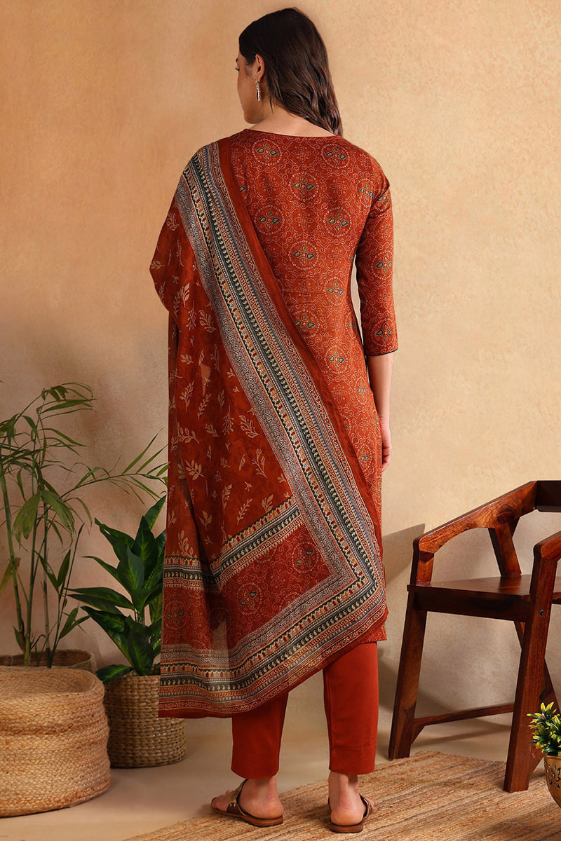 Burnt Orange Silk Blend Straight Suit Set  | SHOBITAM