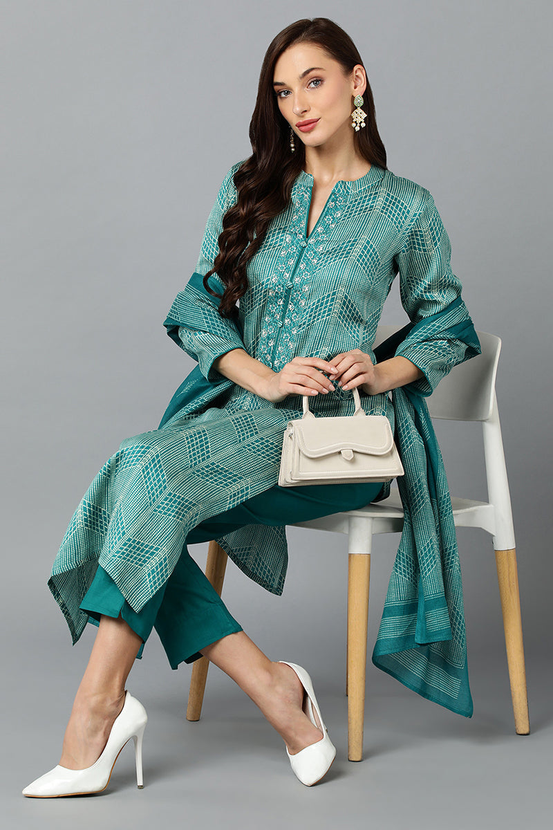Rama Green Rayon Blend Straight Suit Set | SHOBITAM