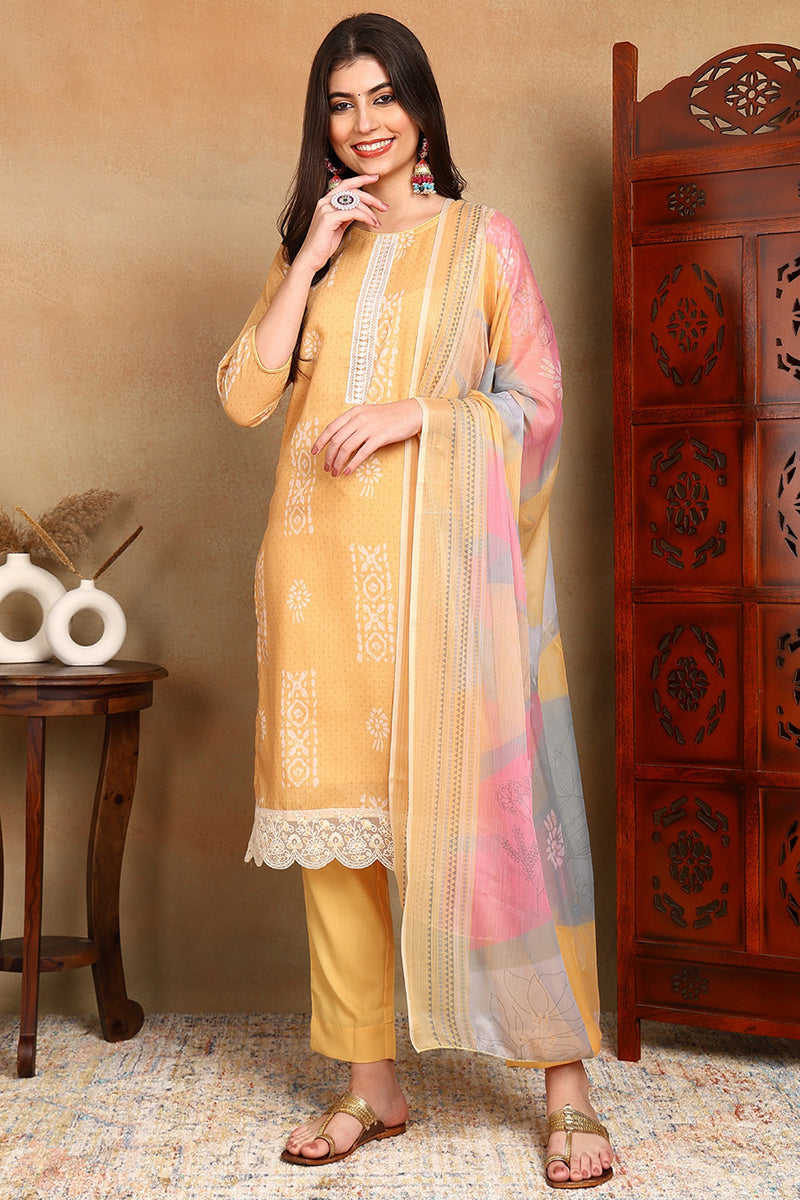 Yellow Silk Blend Straight Suit Set | SHOBITAM