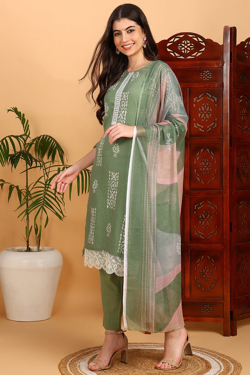 Sea Green Silk Blend Straight Suit Set | SHOBITAM