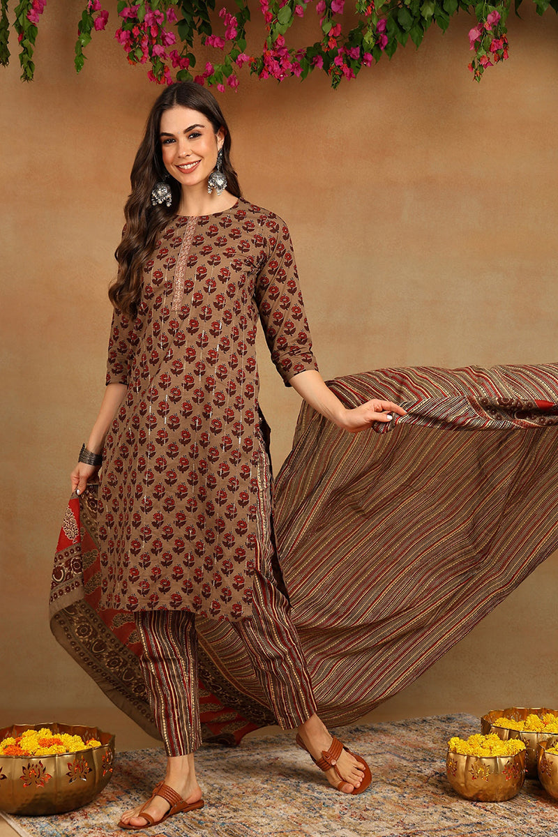 Cotton Beige Printed Straight Kurta Pant With Dupatta  | SHOBITAM