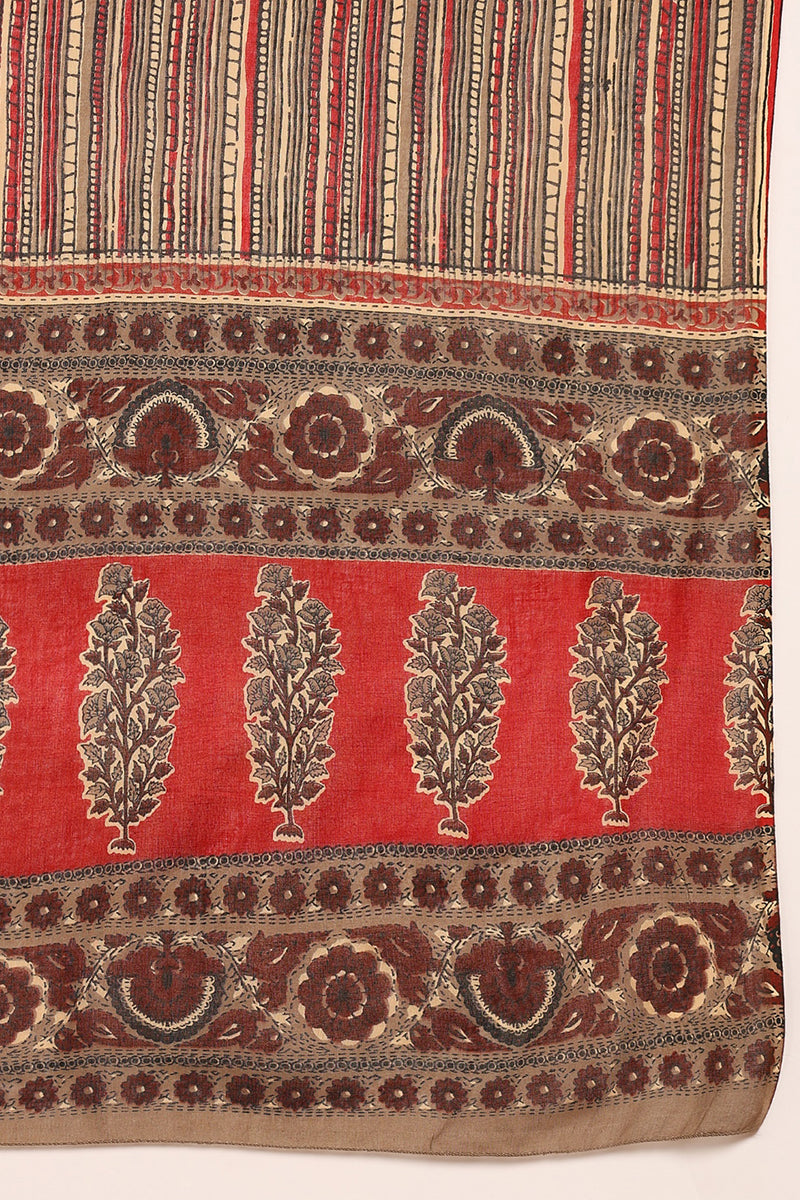 Cotton Beige Printed Straight Kurta Pant With Dupatta  | SHOBITAM