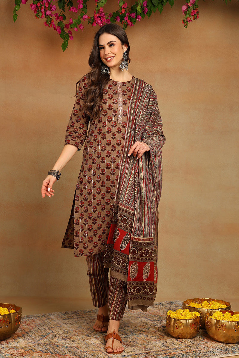 Cotton Beige Printed Straight Kurta Pant With Dupatta  | SHOBITAM