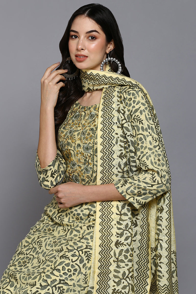Yellow Silk Blend Floral Straight Suit Set  | SHOBITAM