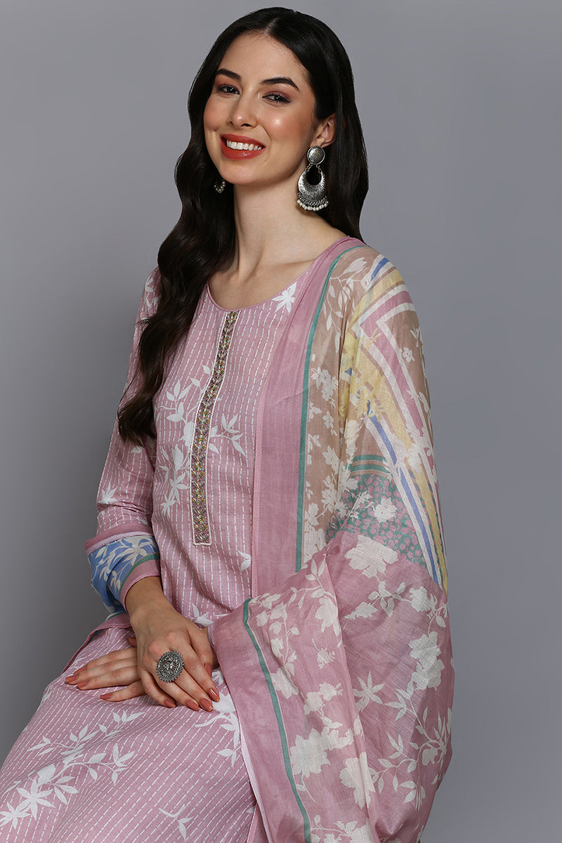 Pink Cotton Ethnic Motifs Straight Suit Set | SHOBITAM