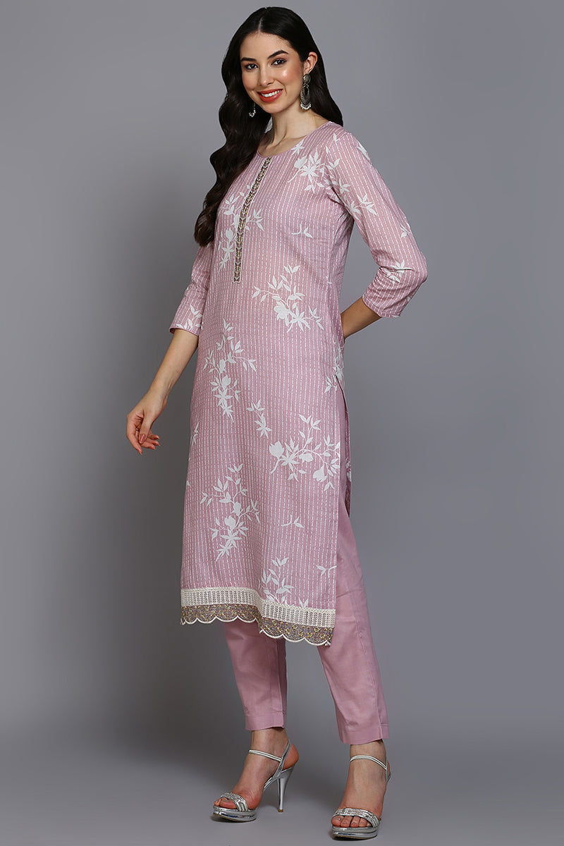 Pink Cotton Ethnic Motifs Straight Suit Set | SHOBITAM