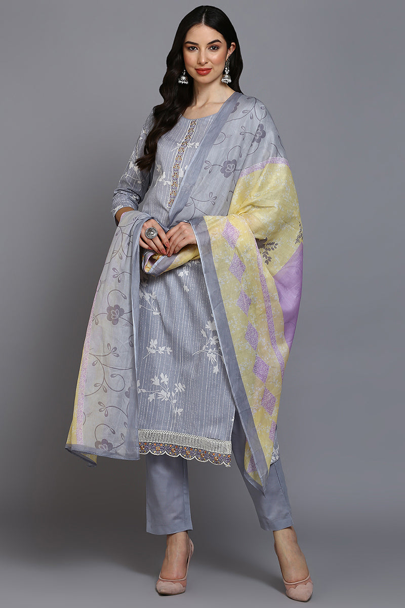 Grey Cotton Blend Floral Straight Suit Set | SHOBITAM