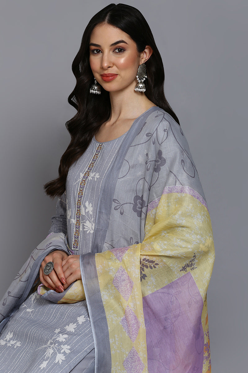 Grey Cotton Blend Floral Straight Suit Set | SHOBITAM