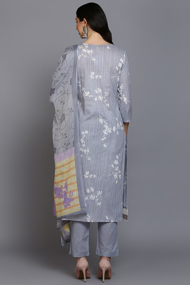 Grey Cotton Blend Floral Straight Suit Set | SHOBITAM