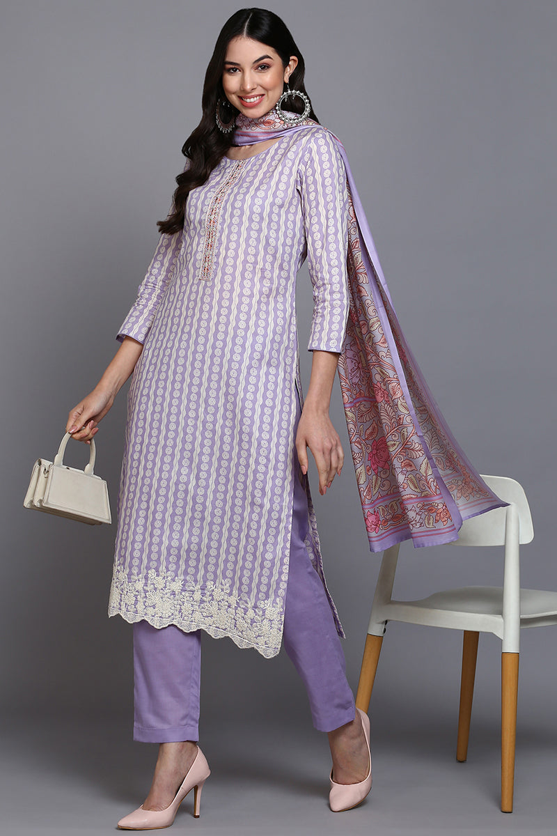Rayon Lavender Printed Straight Kurta Pant With Dupatta | SHOBITAM