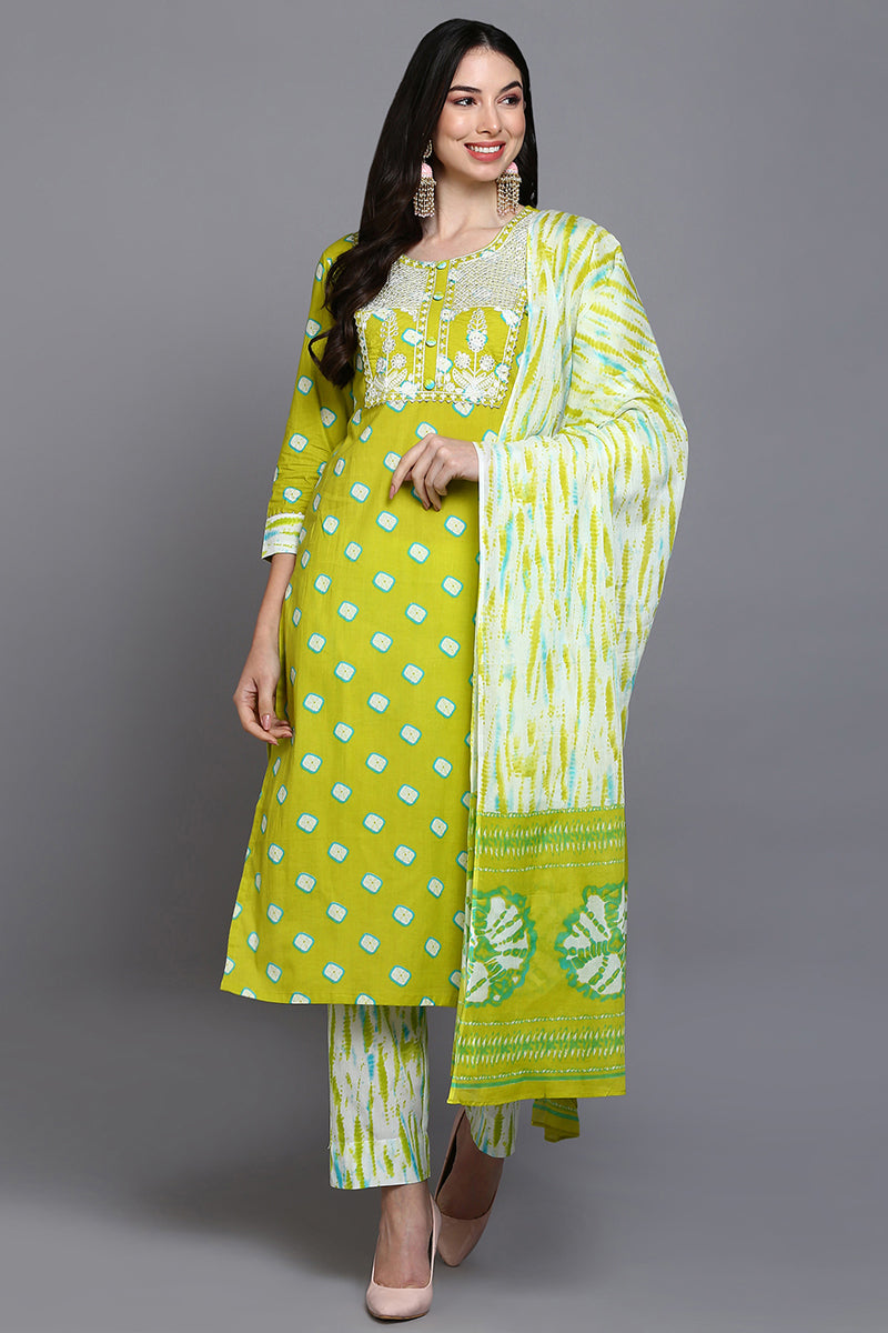 Cotton Green Bandhani Printed Straight Kurta Pant With Dupatta  | SHOBITAM
