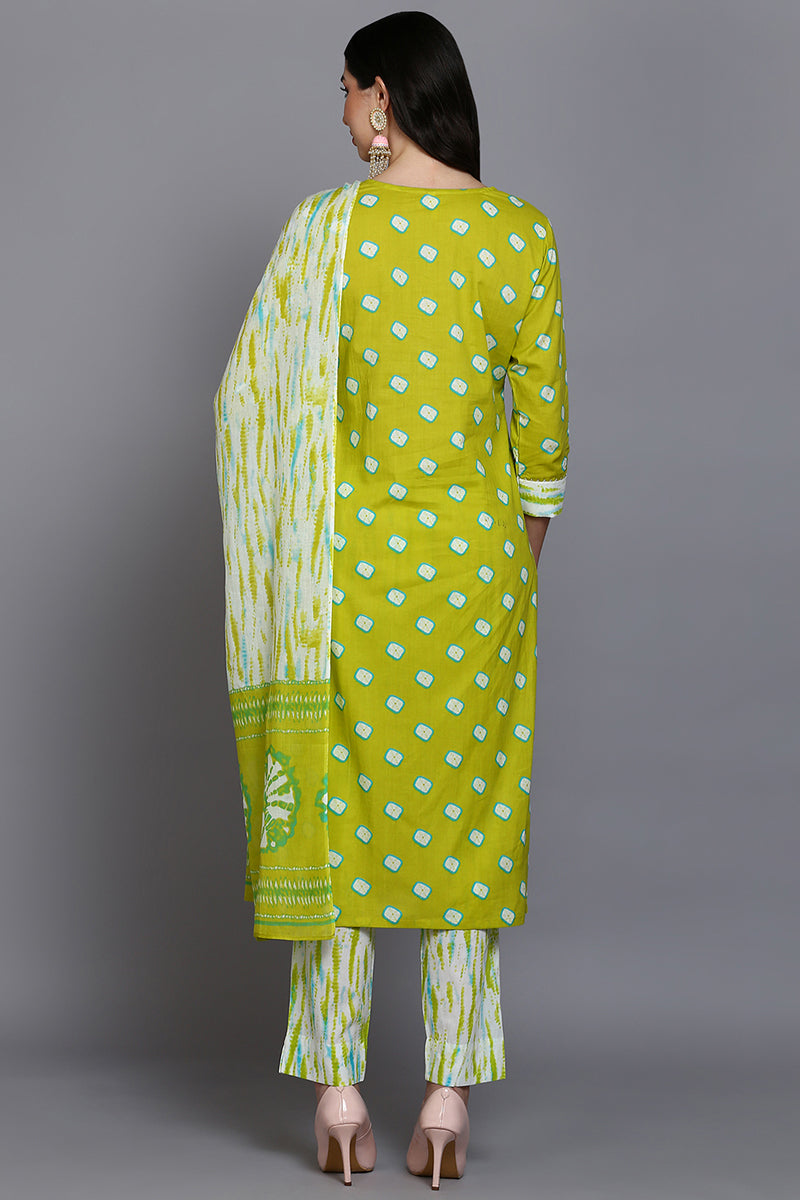 Cotton Green Bandhani Printed Straight Kurta Pant With Dupatta  | SHOBITAM