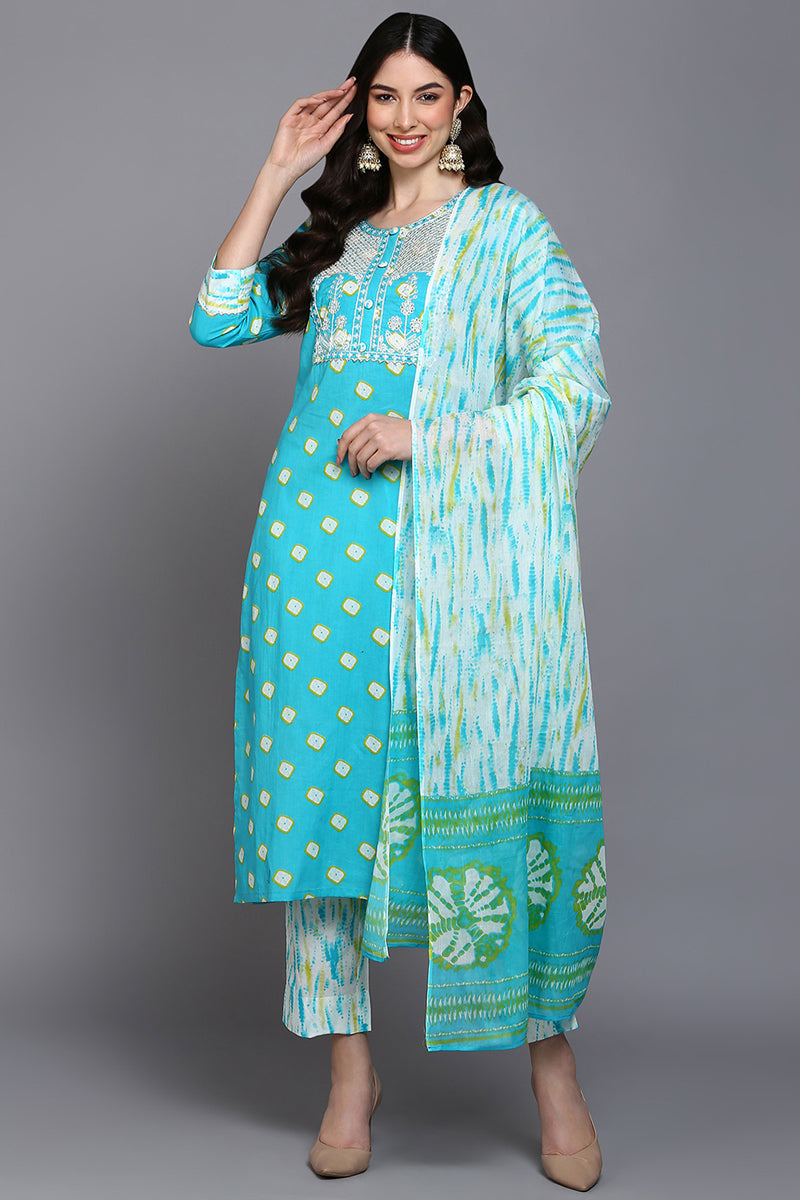 Cotton Blue Bandhani Printed Straight Kurta Pant With Dupatta | SHOBITAM