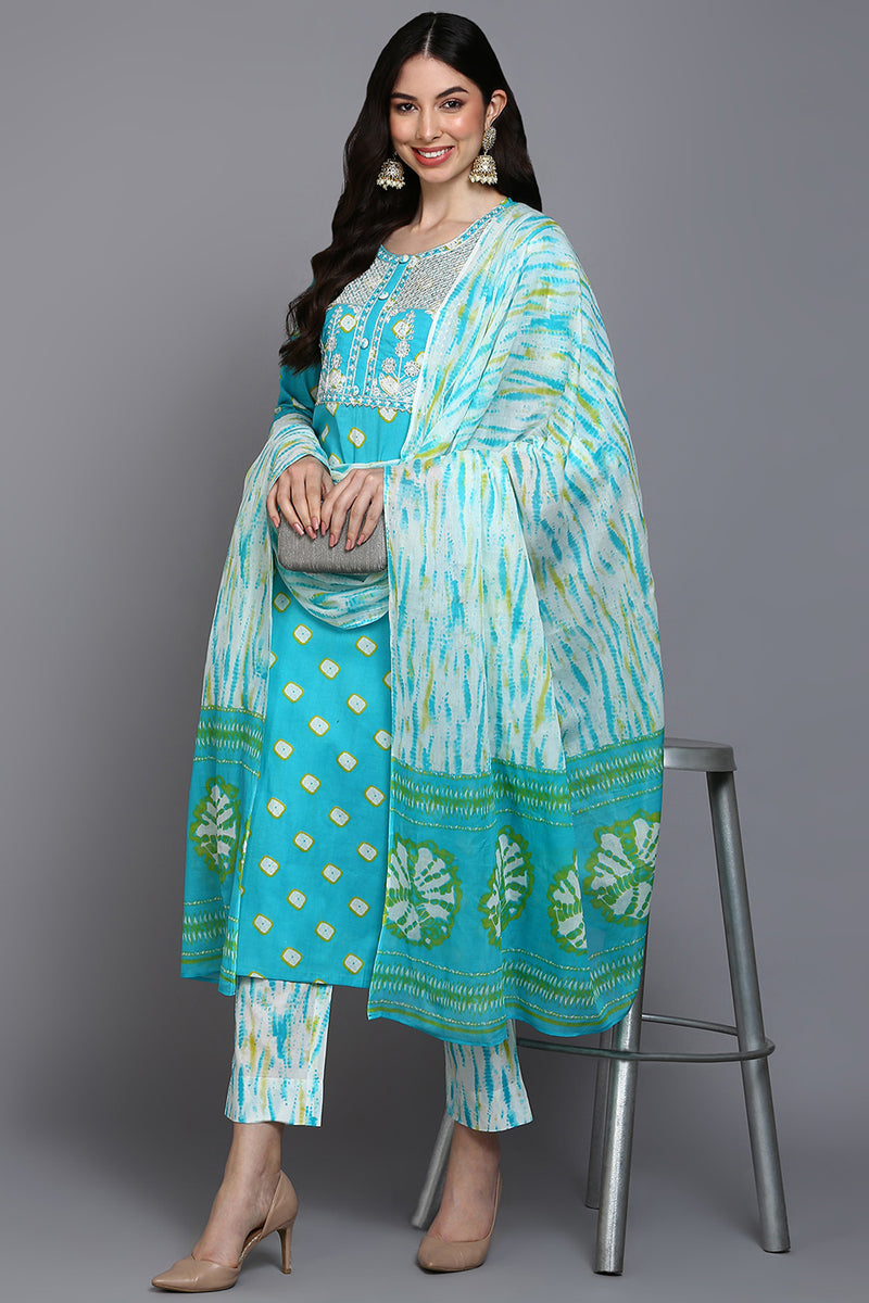 Cotton Blue Bandhani Printed Straight Kurta Pant With Dupatta | SHOBITAM