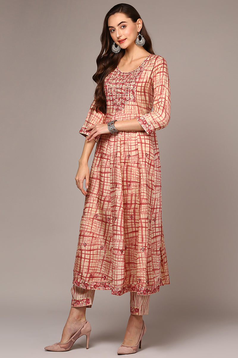 Red Silk Blend Abstract Printed Flared Suit Set | shobitam