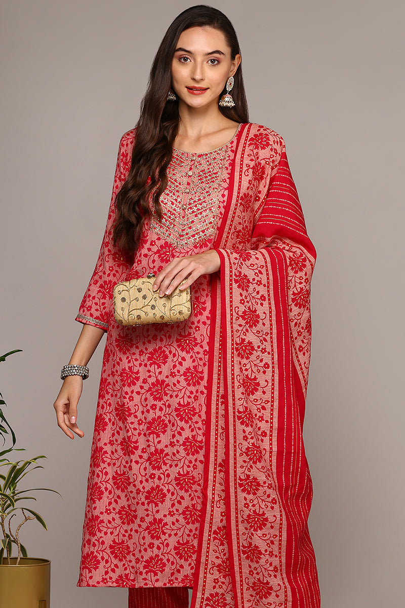 Pink Silk Blend Printed Straight Suit Set | SHOBITAM