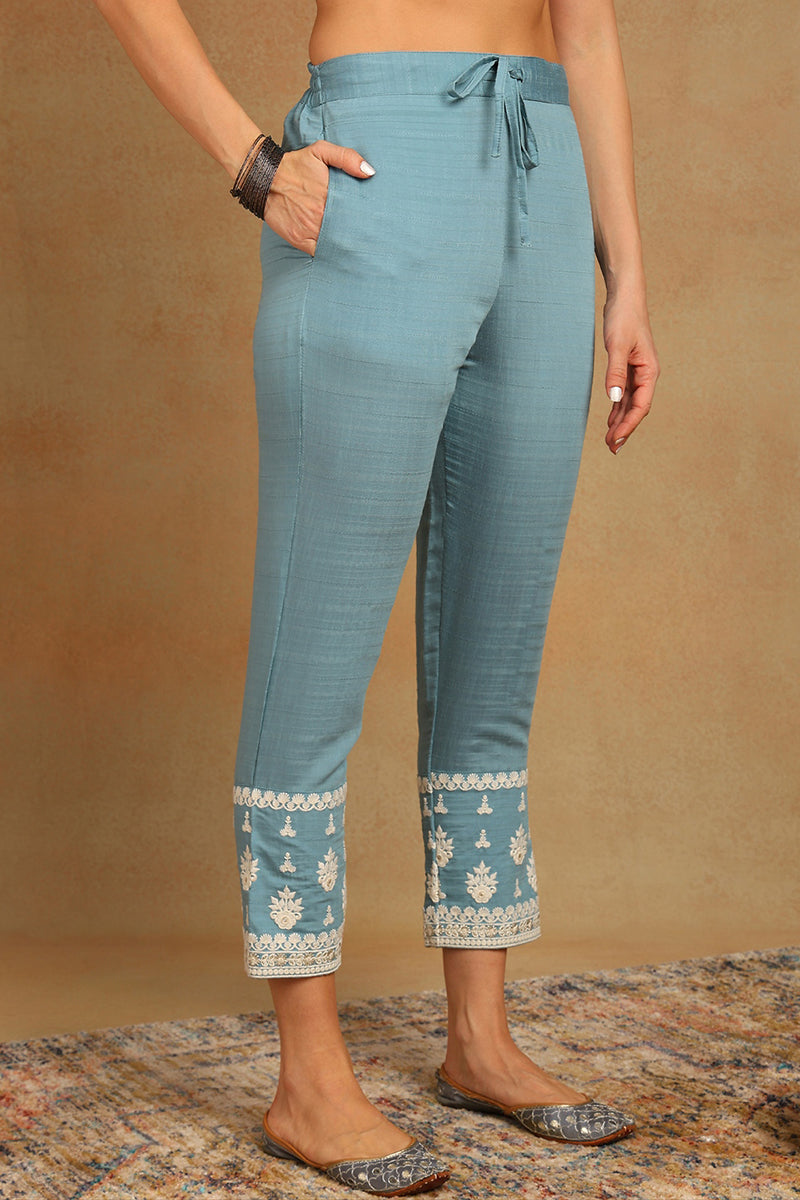 Blue Silk Blend Solid Embroidered Straight Trouser Suit Set | SHOBITAM