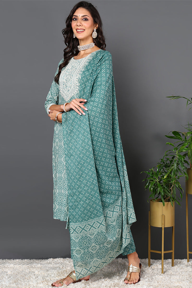 Green Pure Cotton Bandhani Printed Straight Suit Set | SHOBITAM