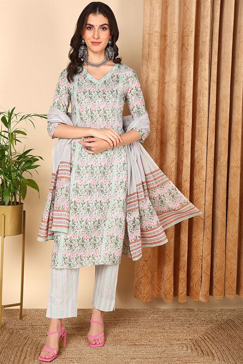 Plus Size Sea Green Pure Cotton Floral Printed Straight Suit Set | SHOBITAM