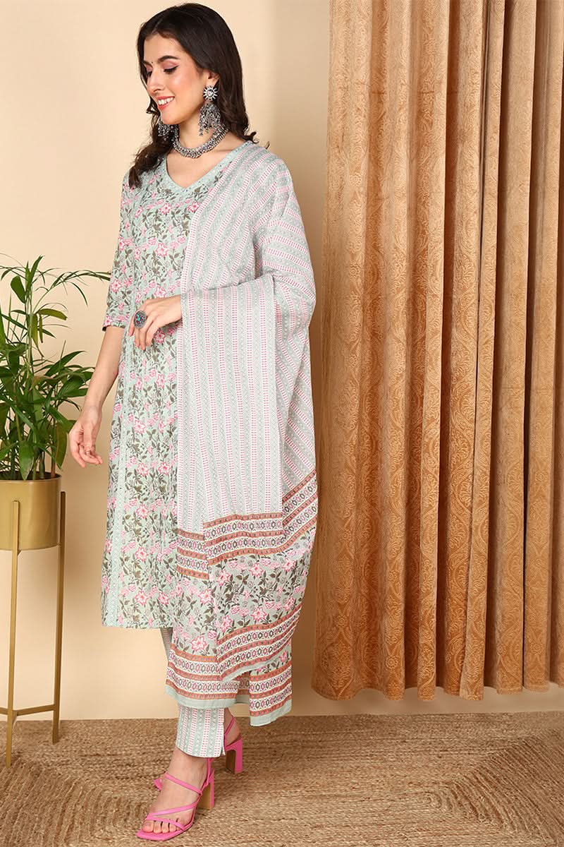 Sea Green Pure Cotton Floral Printed Straight Suit Set | SHOBITAM
