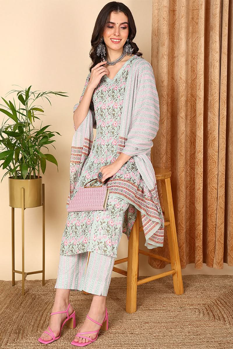 Plus Size Sea Green Pure Cotton Floral Printed Straight Suit Set | SHOBITAM